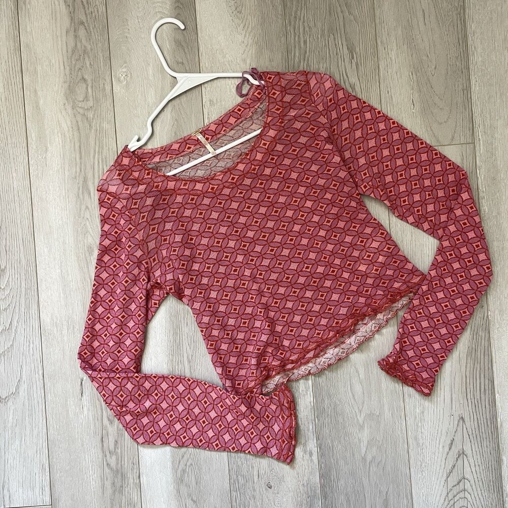 Free People Top geometric print mesh crop long sleeve womens Red small layering